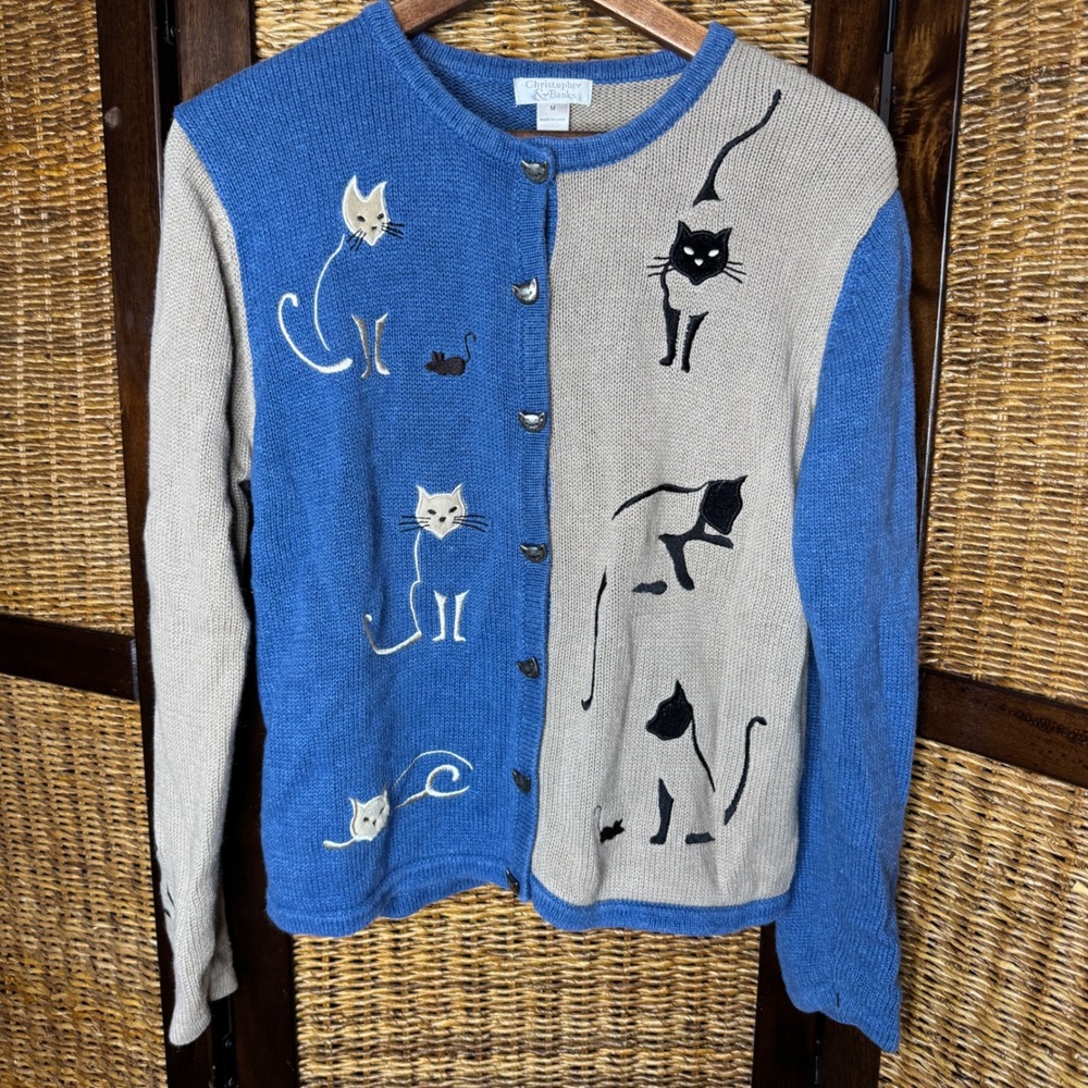 Colorblock Cat Mouse Embroidered Cardigan Sweater M GrandmaCore Cotton
